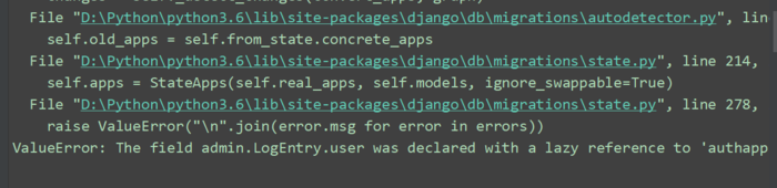 Django中pycharm中 报错 ---ValueError: The field admin.LogEntry.user was declared with a lazy reference to 'system.sysuser', bu