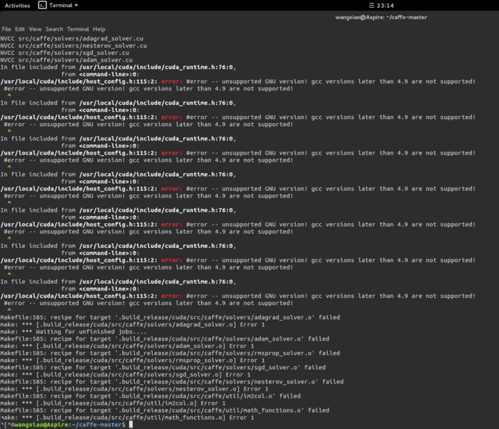 caffe:编译时提示：unsupported GNU version! gcc versions later than 4.9 are not supported!