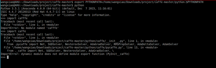 编译caffe的Python借口，提示：ImportError: dynamic module does not define module export function (PyInit__caffe)